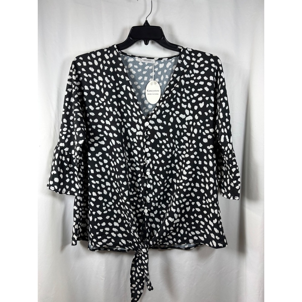 Kancystore Womens‎ Black White Spotted Tie Front Ruffle Sleeve Blouse Large NWT